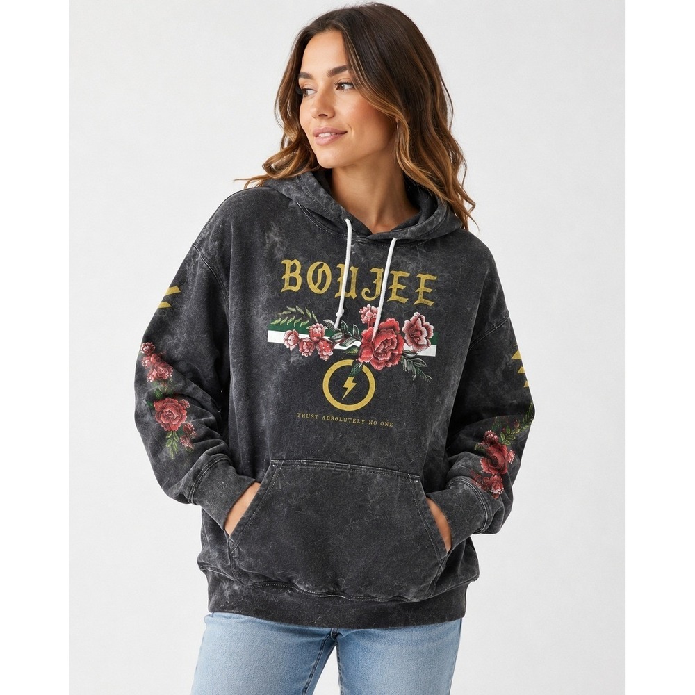 Gildan Boujee Acid Wash Hoodie Gray Floral Lightning Bolt Graphic Sweatshirt L